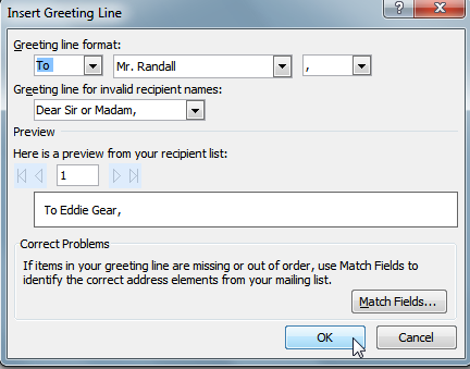 How to perform mail merge - insert greeting